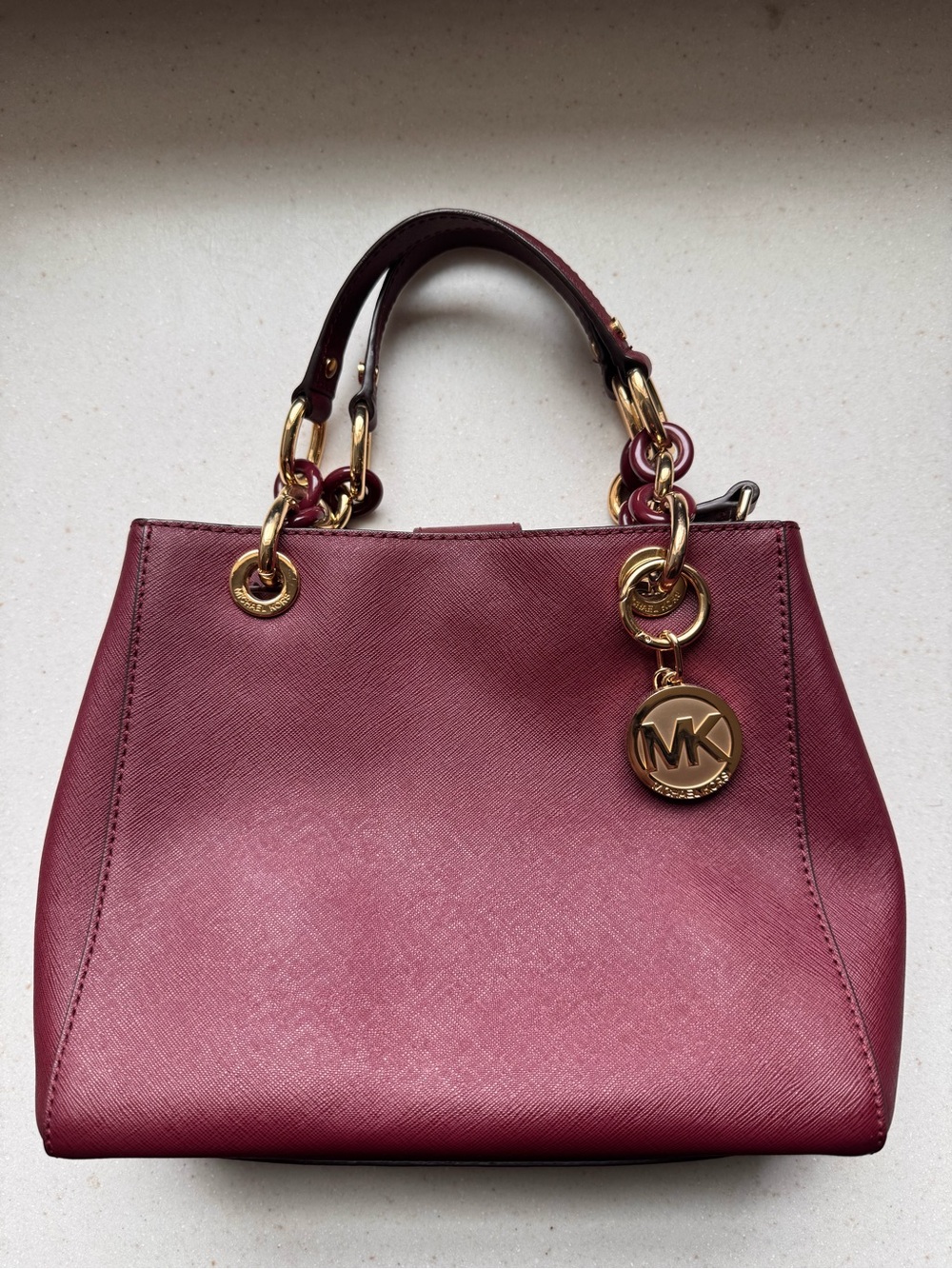 Michael Kors Wine Saffiano Leather Satchel with Gold Hardware